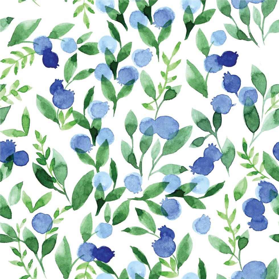 watercolor seamless pattern with blue blueberries and green leaves on a white background. simple abstract print vector