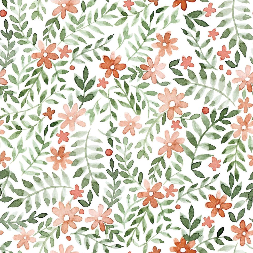 watercolor seamless pattern with cute flowers and leaves. abstract print with small drawings. pink daisies and green leaves vector