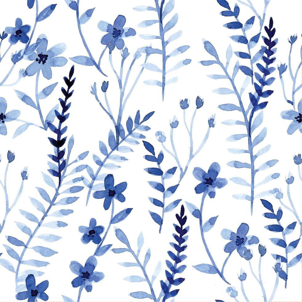 watercolor seamless pattern with blue leaves and wild flowers. airy delicate print on white background vector