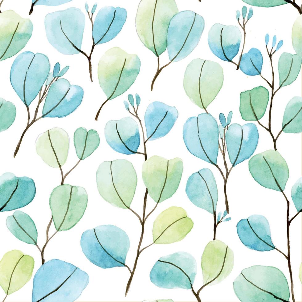 watercolor seamless pattern with colorful eucalyptus leaves. airy delicate print on white background vector