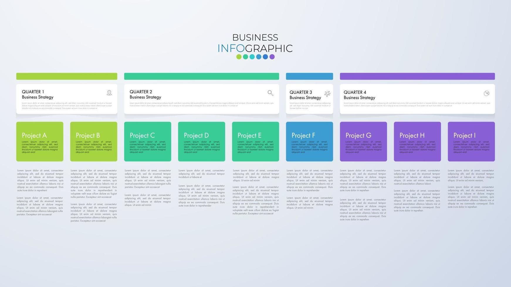 Infographic business year plan tenmplate and breakdown details 4 quarter can be use for a presentation about business plan. vector