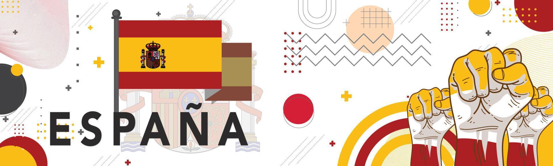 Spain national day banner for  Espino or with abstract modern design. Flag and map of Spain with red yellow color theme. Barcelona Madrid skyline in background Vector illustration