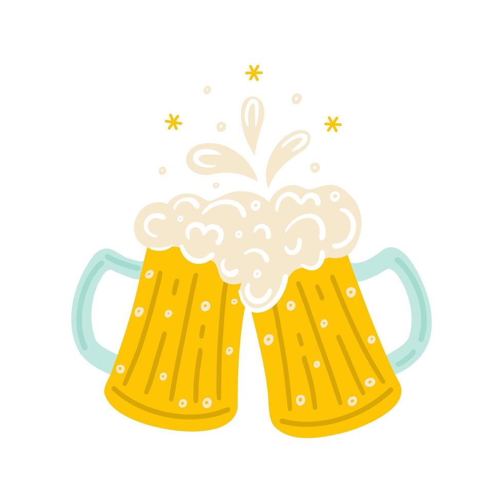 Two clinking beer mugs. Simple vector illustration. Glasses with cold foam drink. Oktoberfest - ale, lager, gold and dark booze. Toast, cheers. Flat clipart for pub, bar menu, logo. Isolated on white