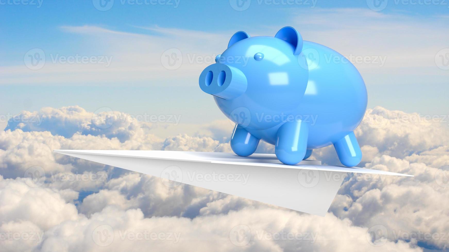 The blue piggy bank on paper plane in sky for earn or save concept 3d rendering photo
