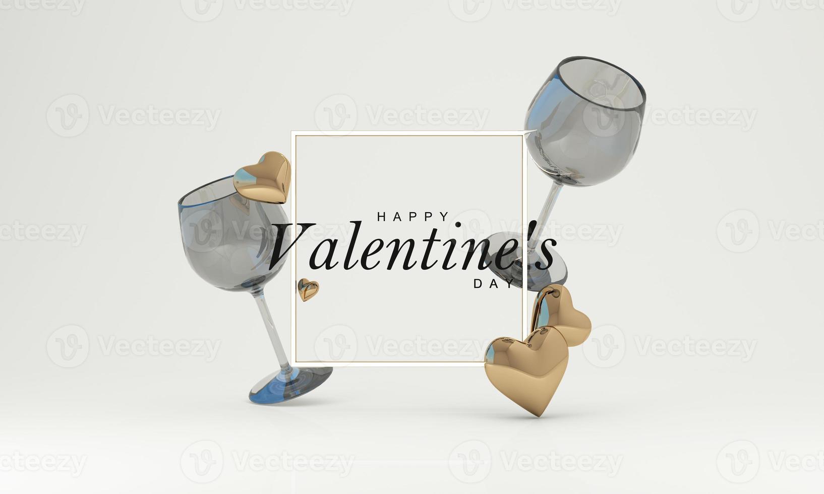 Wallpaper in the concept of the month of love and Valentine's Day. Include heart shapes and balloons for wedding cards or advertisements. On a white background with a glass of wine. 3D rendering. photo