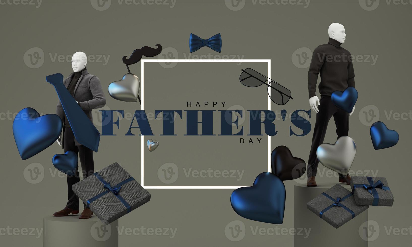 Father's Day poster or banner template with necktie and mannequin on gray background. Greetings and presents for Father's Dad. Promotion and shopping template for love dad. 3d rendering photo