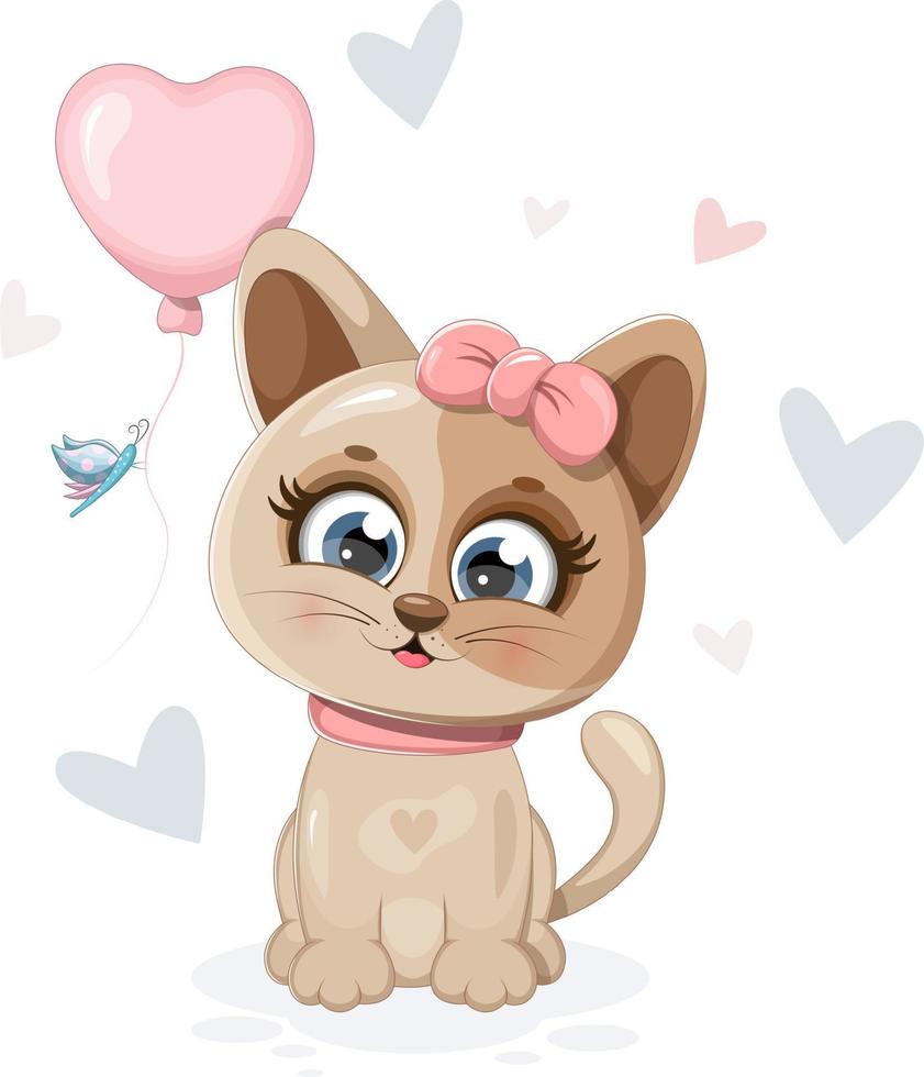 A cute little kitten with a balloon and a butterfly vector