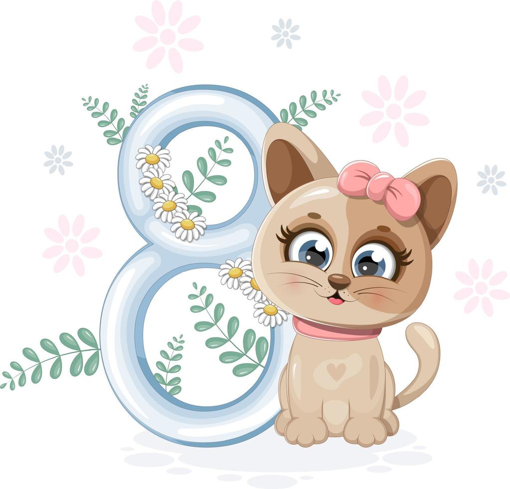 Beautiful card with cartoon kitten and number 8 vector