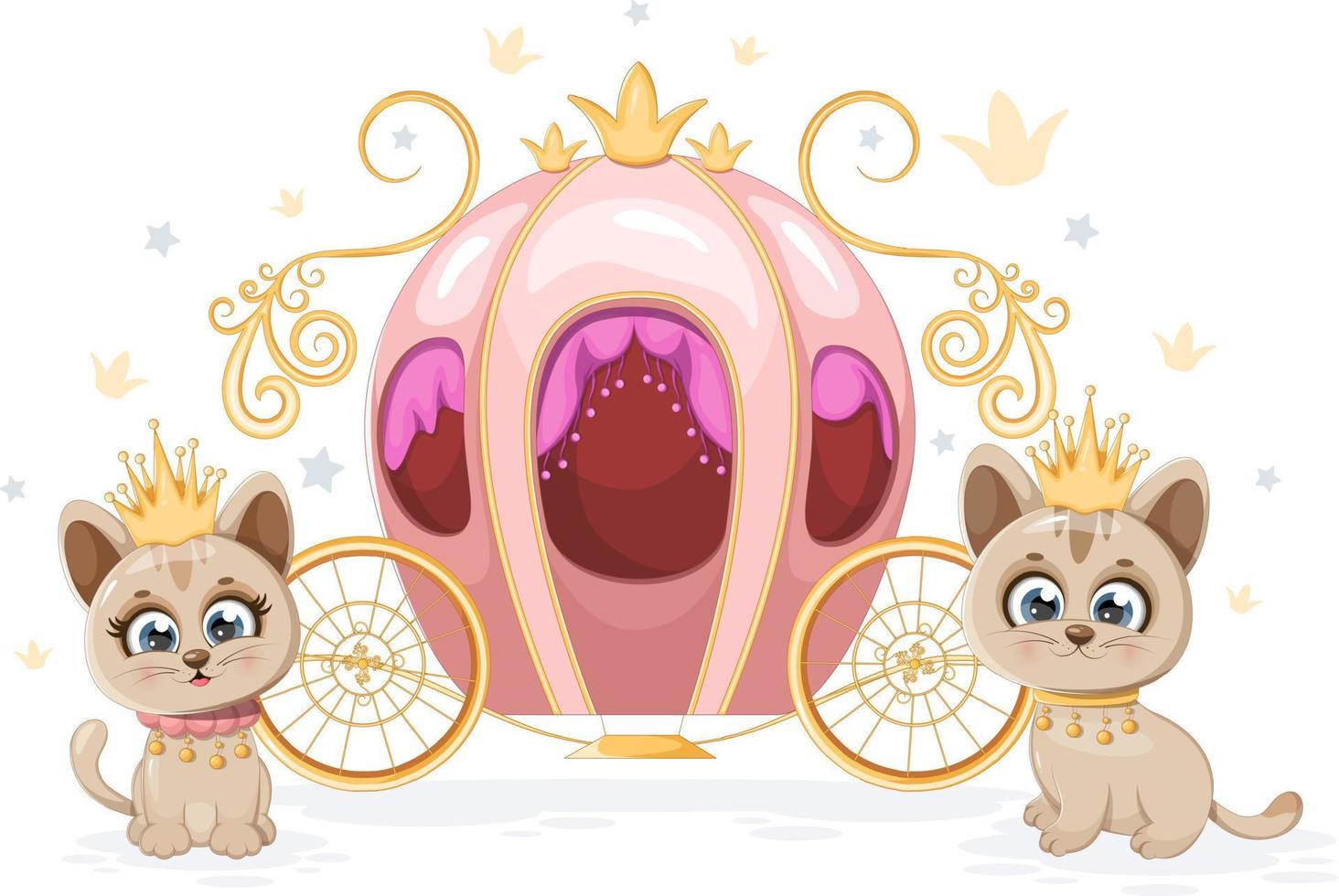 Cartoon and cute princess and prince kittens near carriage vector
