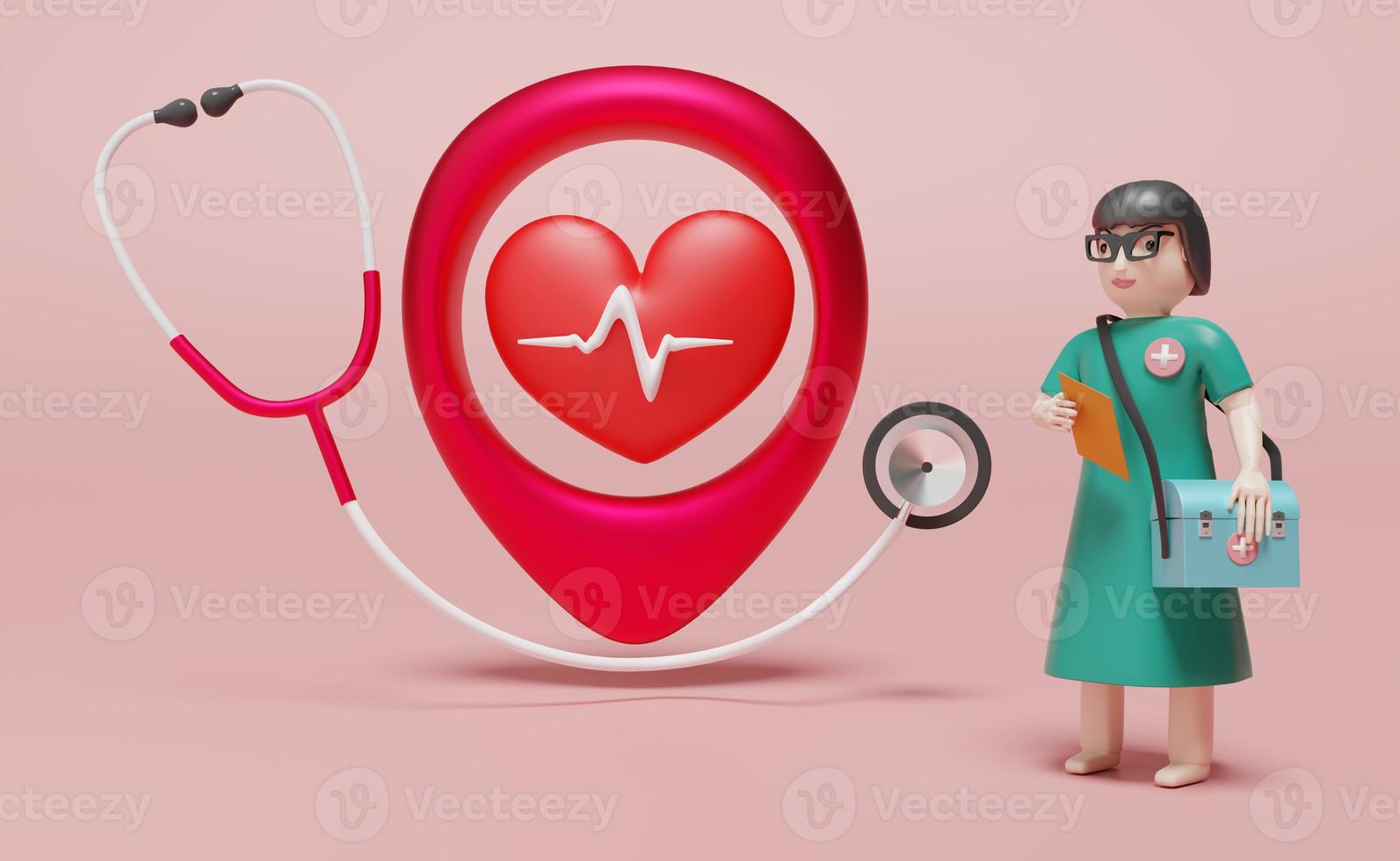 red heart with electrocardiogram and stethoscope and doctor in pink background ,health love concept ,3d illustration or 3d rendering photo