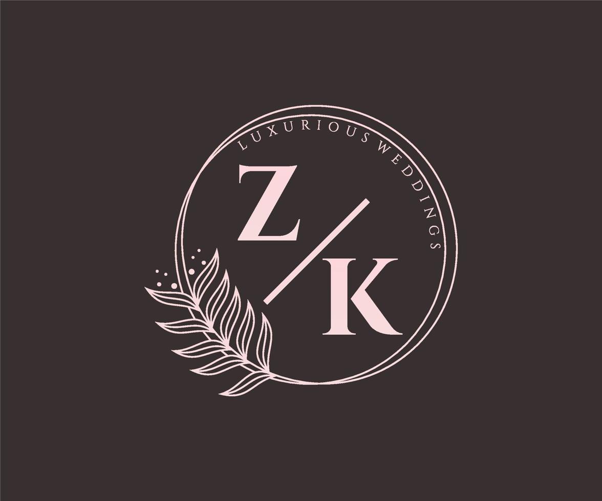ZK Initials letter Wedding monogram logos template, hand drawn modern minimalistic and floral templates for Invitation cards, Save the Date, elegant identity. vector