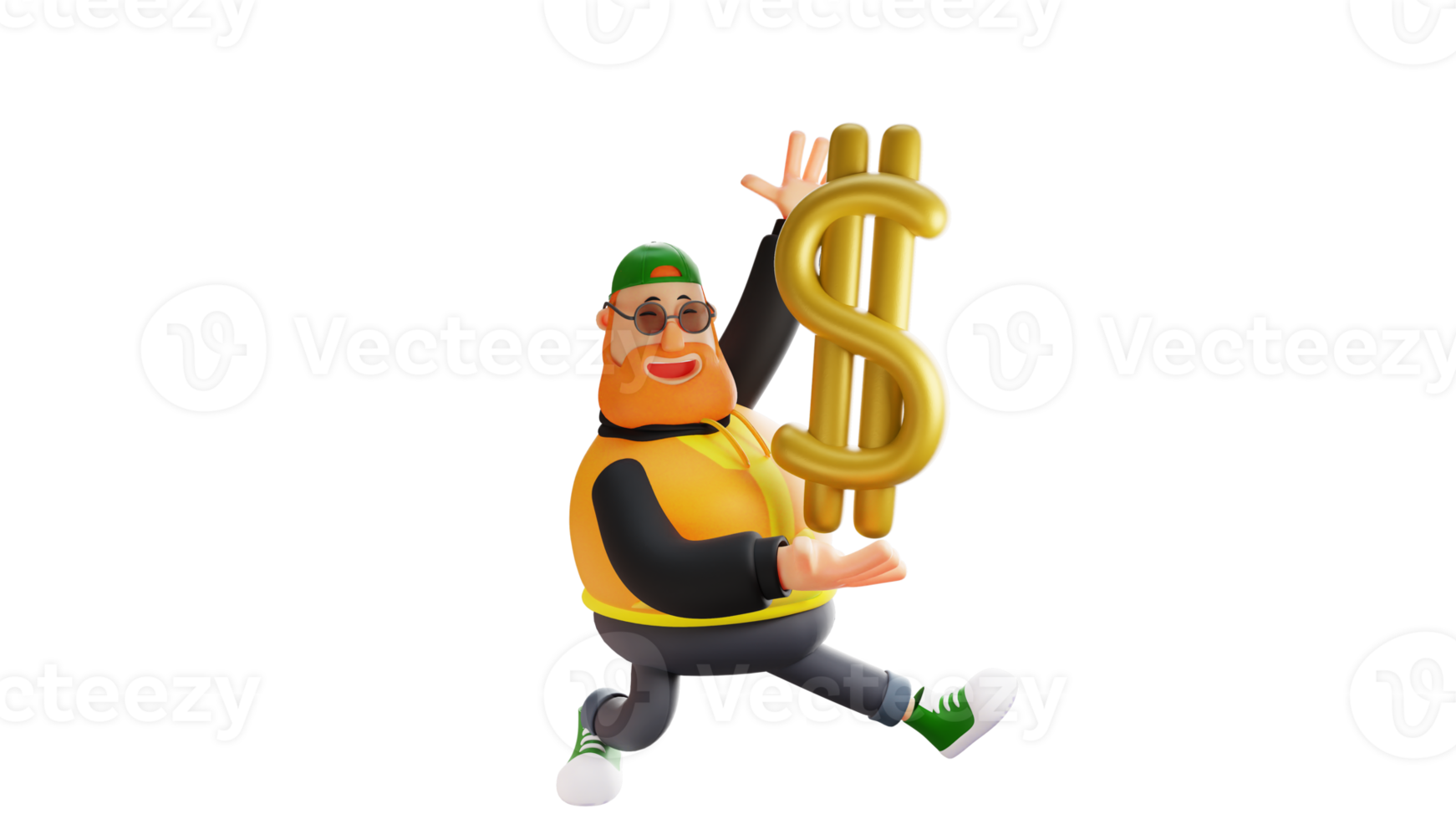 3D Illustration. Happy Fat Man 3D cartoon character. Fat man show a sign of dollar. Rich man is very happy. Rich stylish man smiling broadly 3D cartoon character png