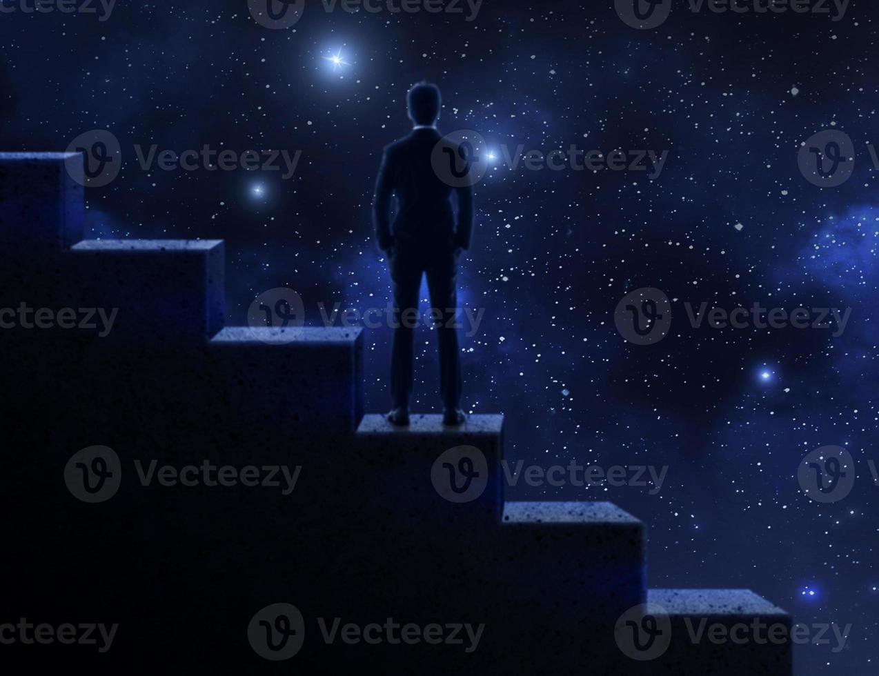 Successful businessman standing on the stairs Planet view from space. successful business concept photo