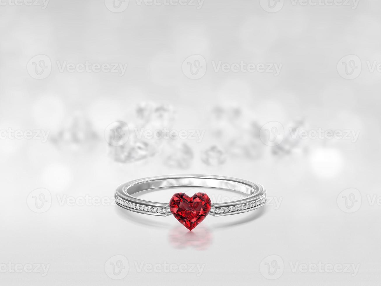 anillo de diamantes en forma de corazón rojo en el reflejo de fondo de diamantes blancos. procesamiento 3d concepto del día de san valentín foto