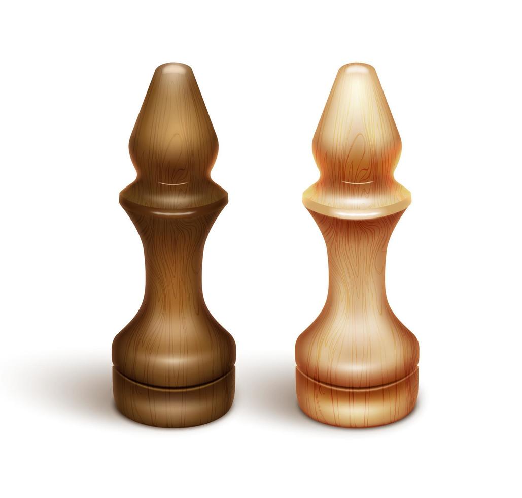 Two chess pieces - bishops. Made from lacquered wood. 3D realistic illustration. Isolated on white background. Vector