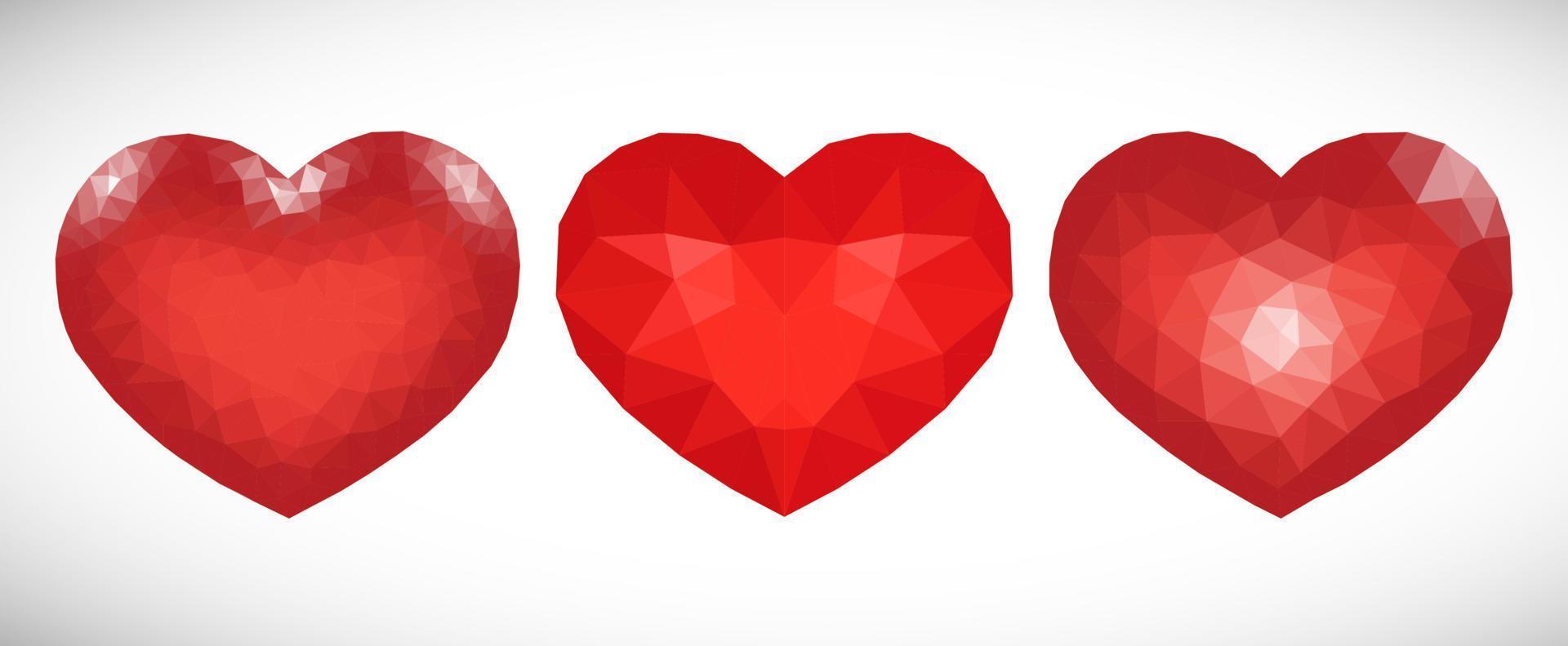Set of three Red Low Poly Hearts on white background. Symbol of Love. Vector illustration