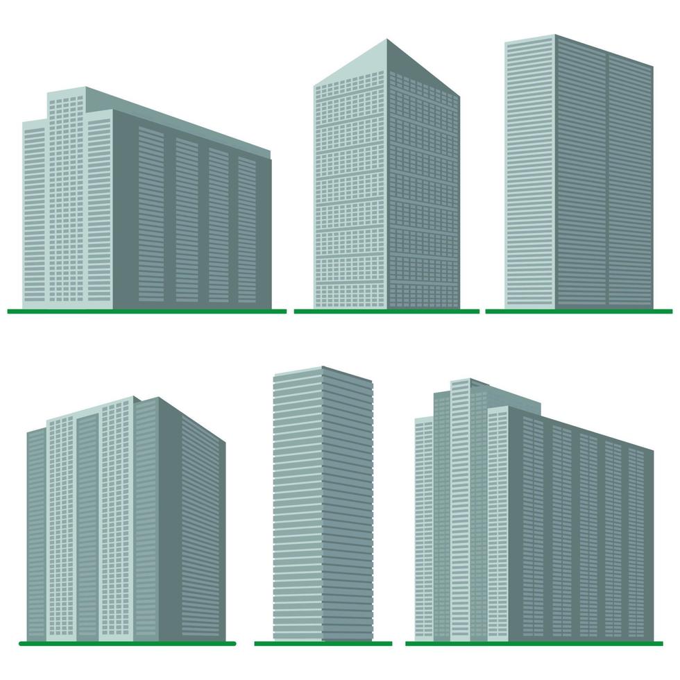 Set of six modern high-rise building on a white background. View of the building from the bottom. Isometric vector illustration.