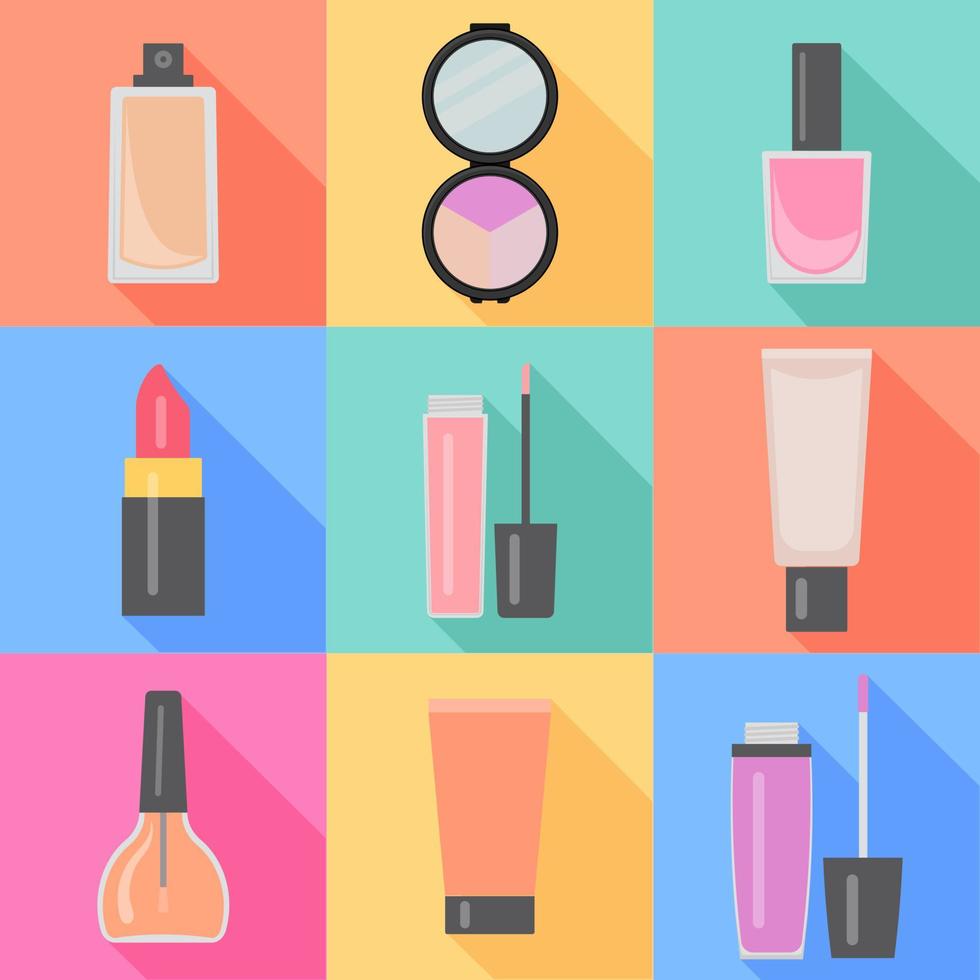 Set of nine makeup items in flat style with shadow. Vector illustration.