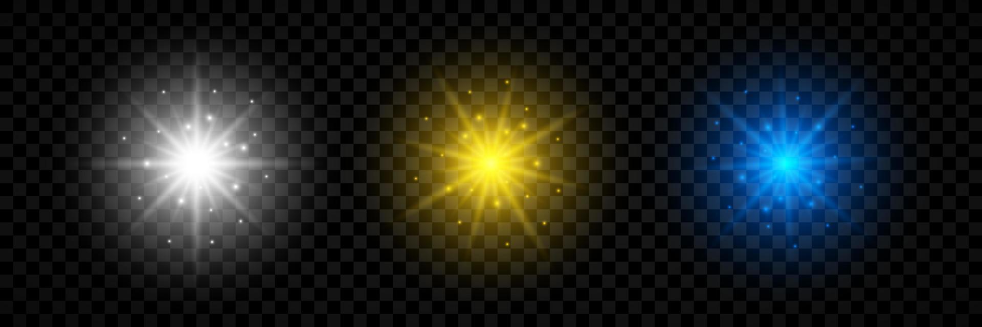 Light effect of lens flares. Set of three white, yellow and blue glowing lights starburst effects with sparkles vector
