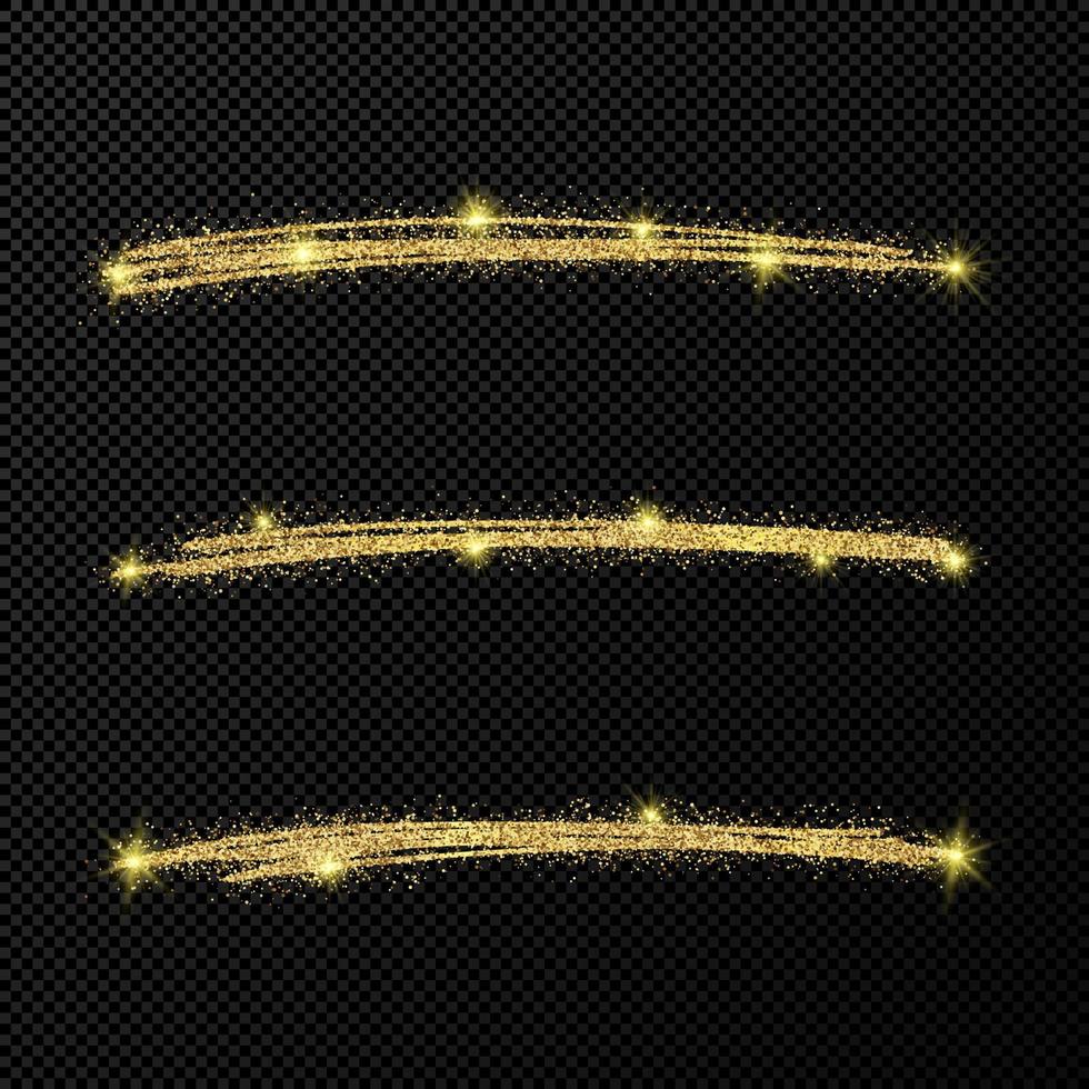 Abstract shiny confetti glittering waves. Set of three hand drawn brush golden strokes vector