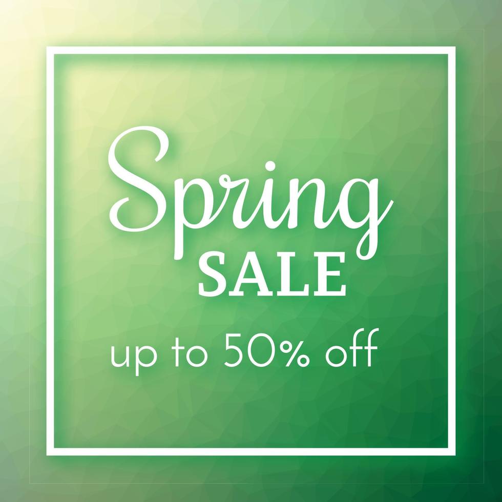 Spring sale banner and up to 50 off sign on colorful polygonal background. Vector illustration