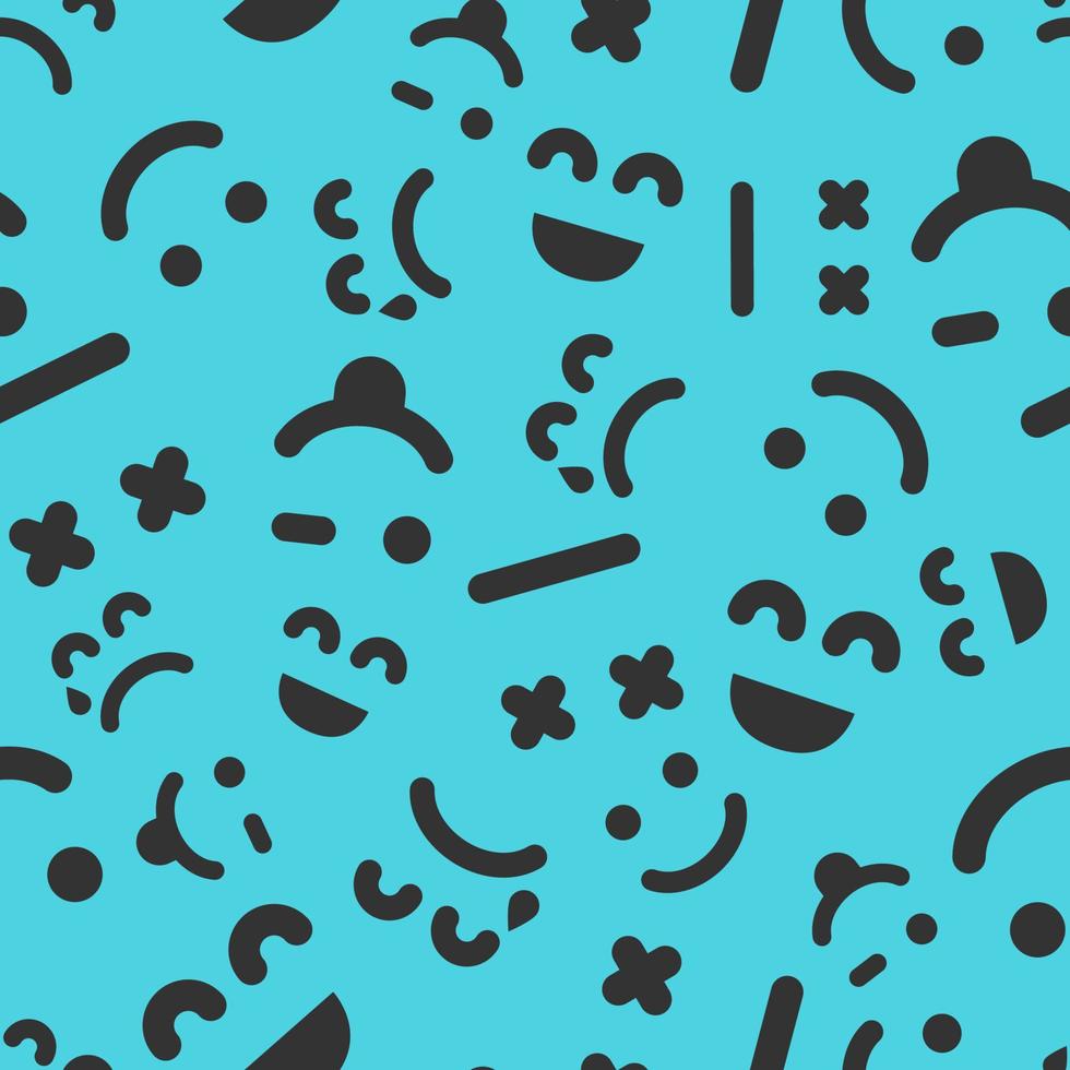 Cartoon faces with emotions. Seamless pattern with different emoticons on blue background. Vector illustration