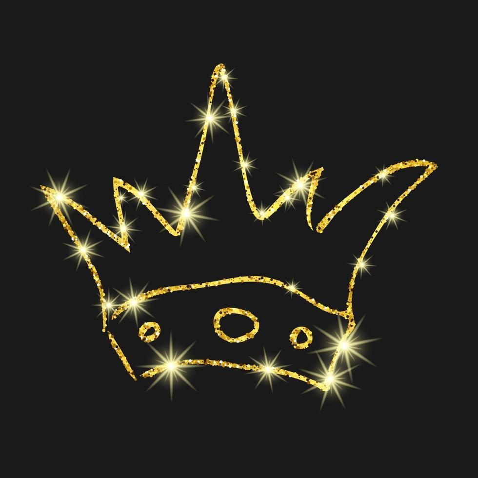 Gold glitter hand drawn crown. Simple graffiti sketch queen or king crown. Royal imperial coronation and monarch symbol isolated on dark background. Vector illustration.