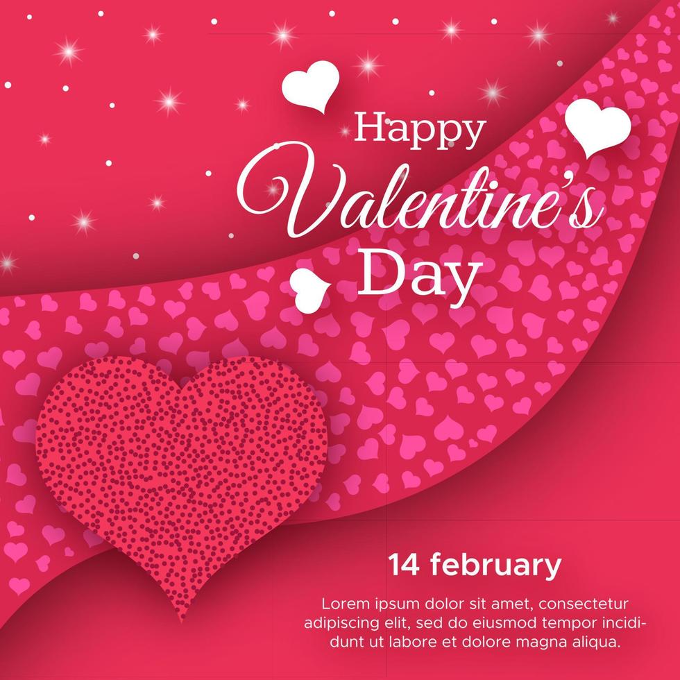 Happy Valentines Day Background. Red greeting banner with text and hearts. Vector illustration.