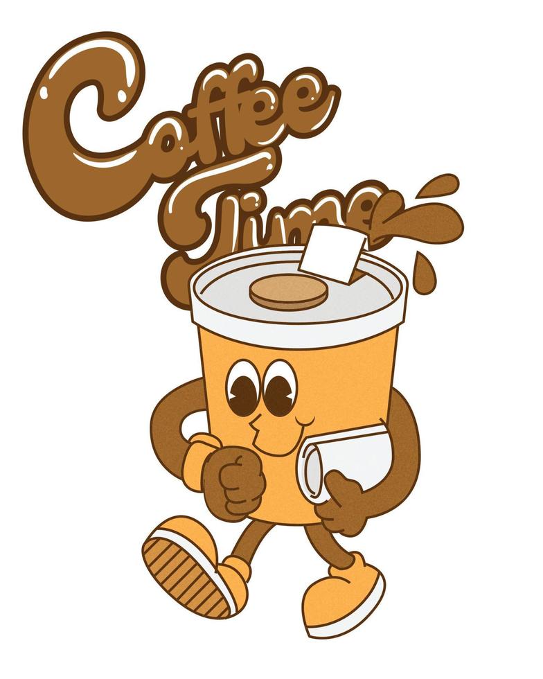 Coffee time illustration hand drew trendy cartoon element retro style vector