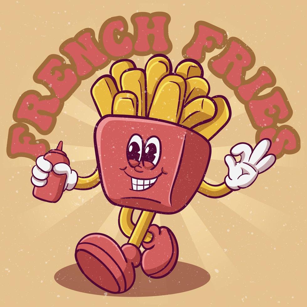 Cute french fries illustration hand drawn trendy cartoon element retro style vector