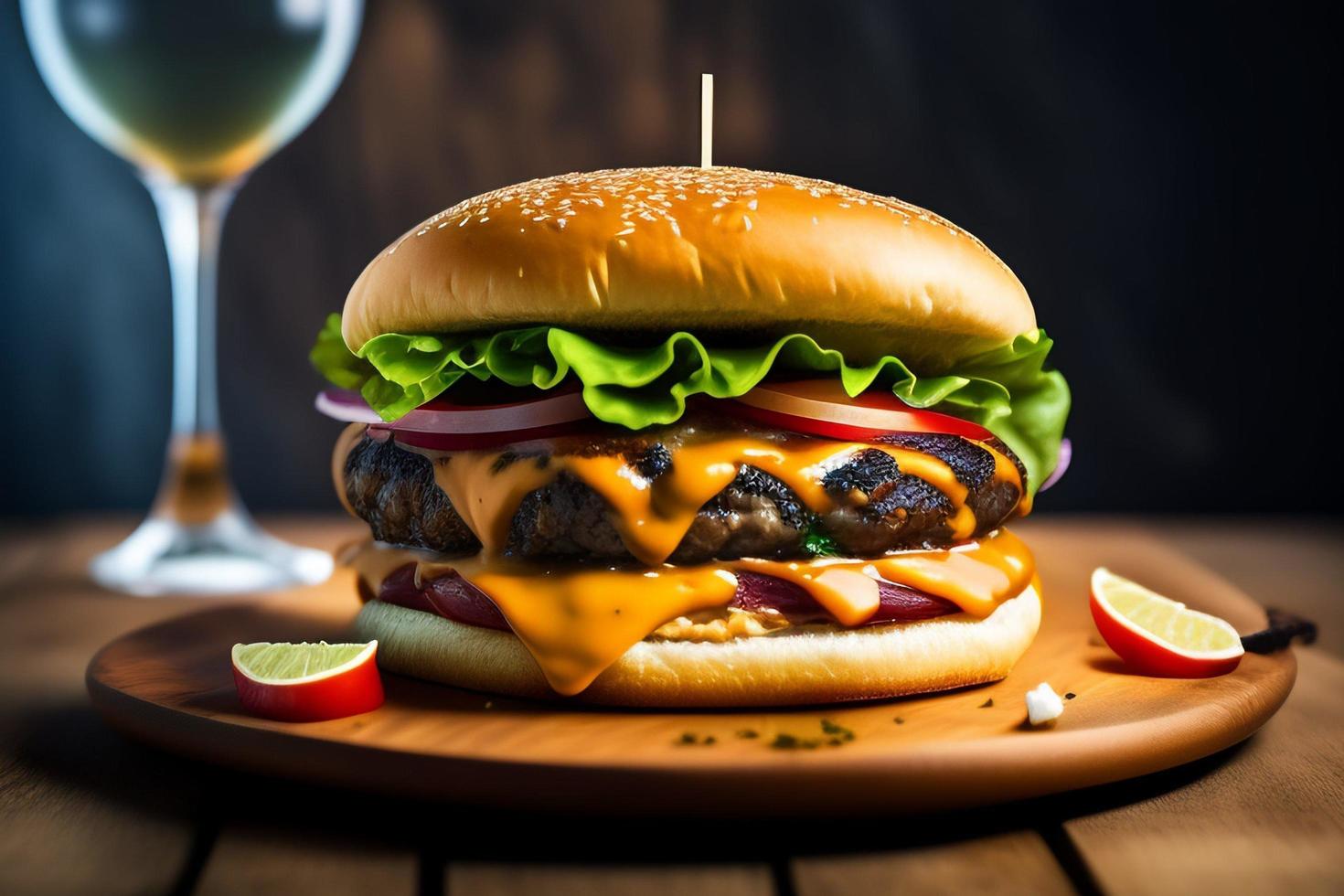 vista frontal sabrosa hamburguesa de carne con queso y ensalada foto