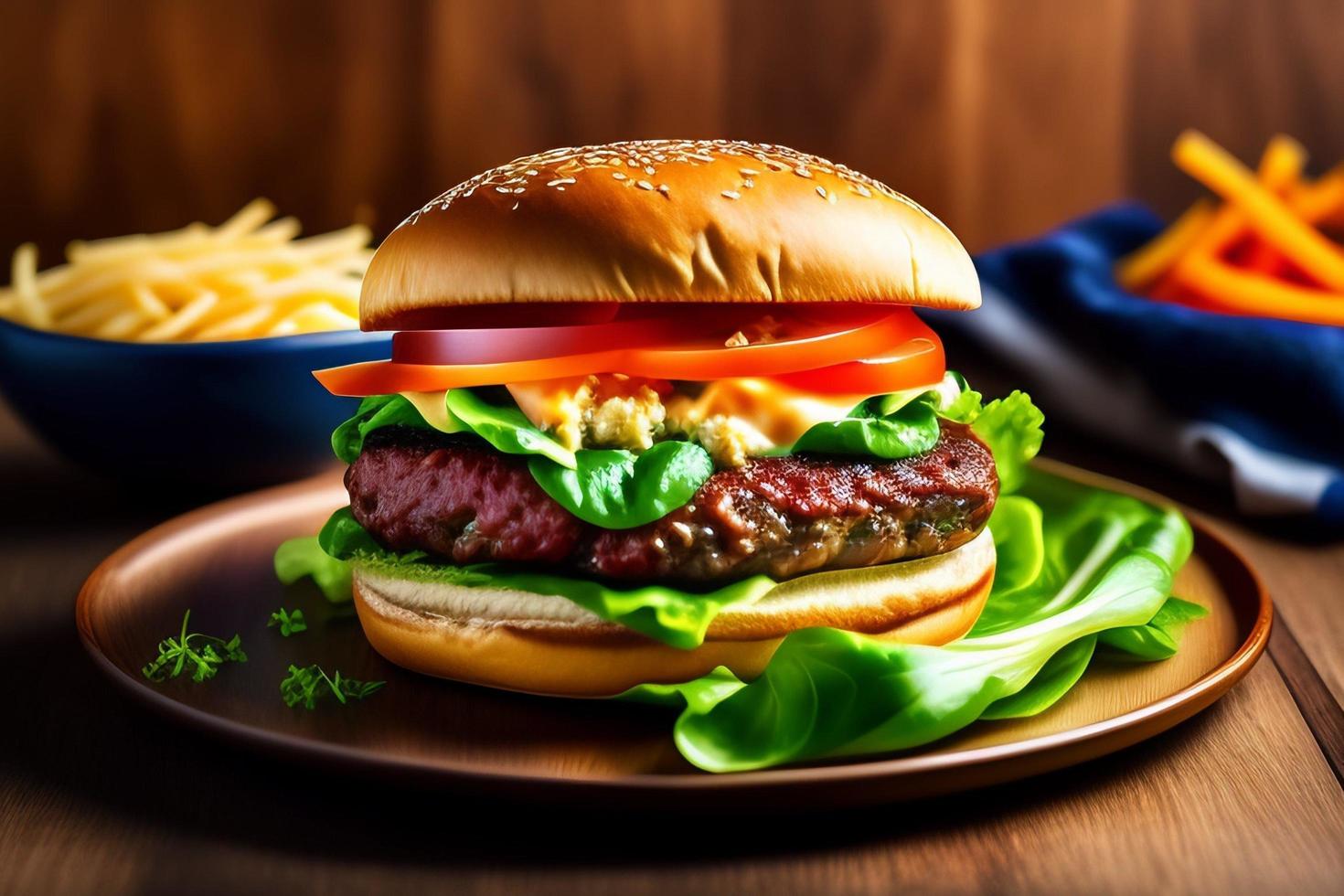 vista frontal sabrosa hamburguesa de carne con queso y ensalada foto