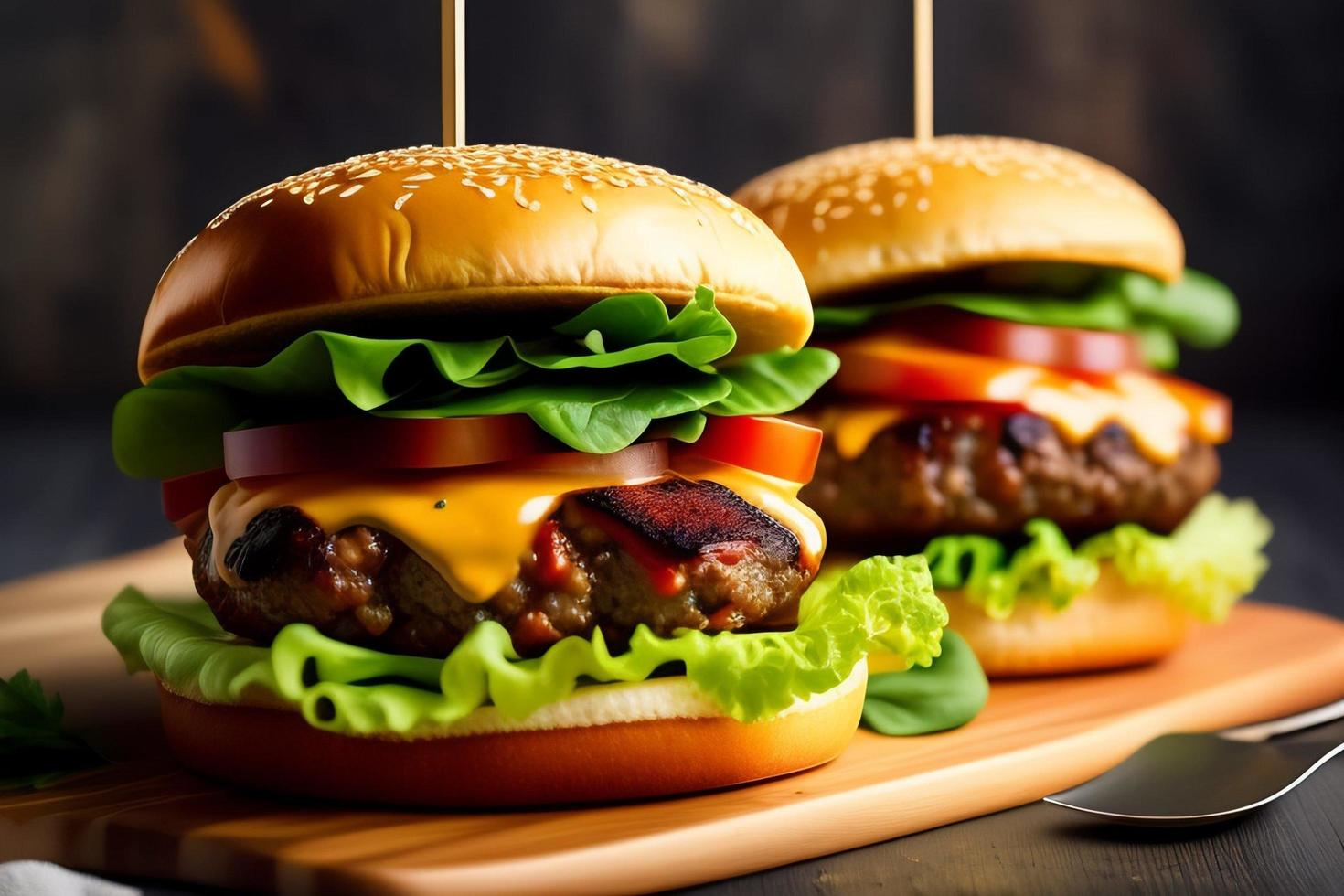 vista frontal sabrosa hamburguesa de carne con queso y ensalada foto