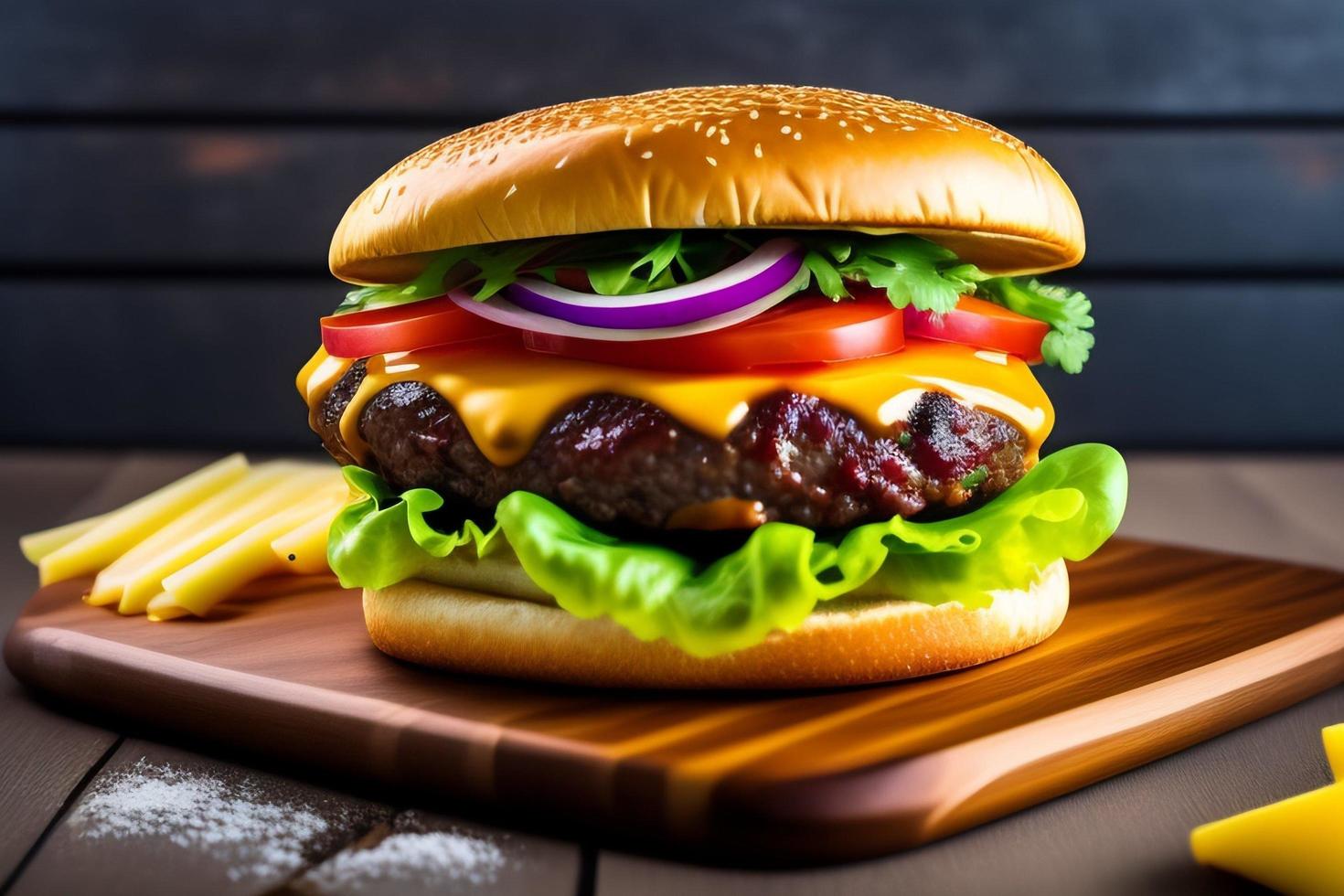 vista frontal sabrosa hamburguesa de carne con queso y ensalada foto