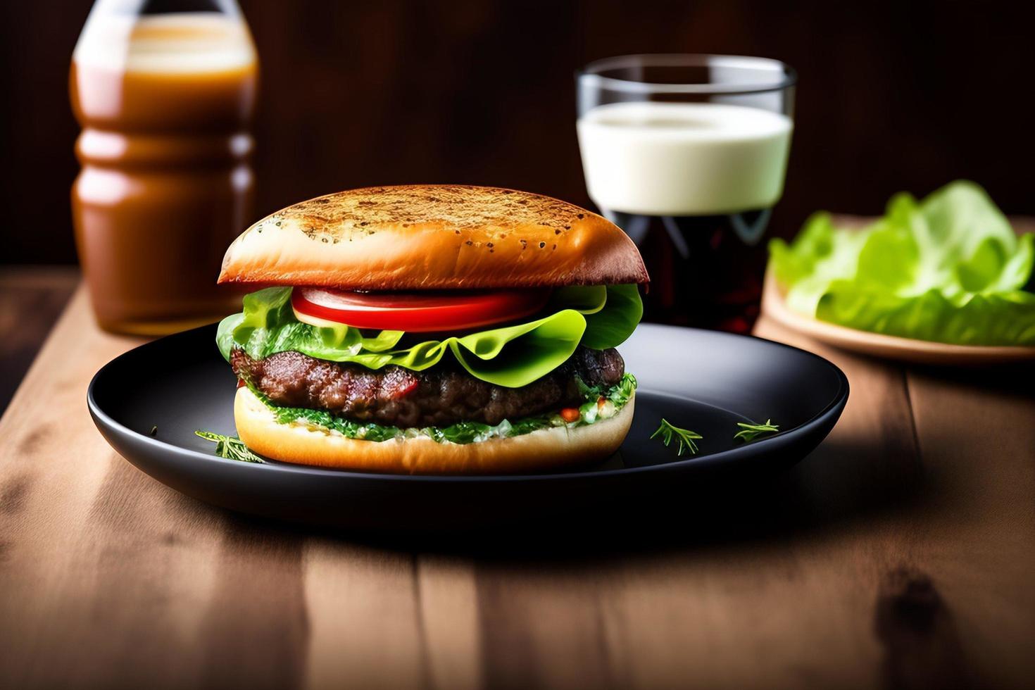 vista frontal sabrosa hamburguesa de carne con queso y ensalada foto