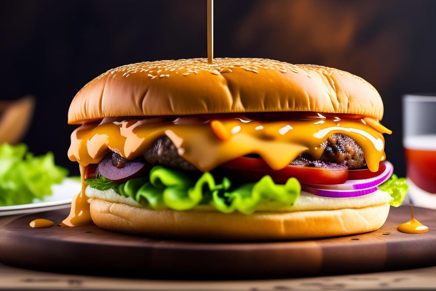 vista frontal sabrosa hamburguesa de carne con queso y ensalada foto