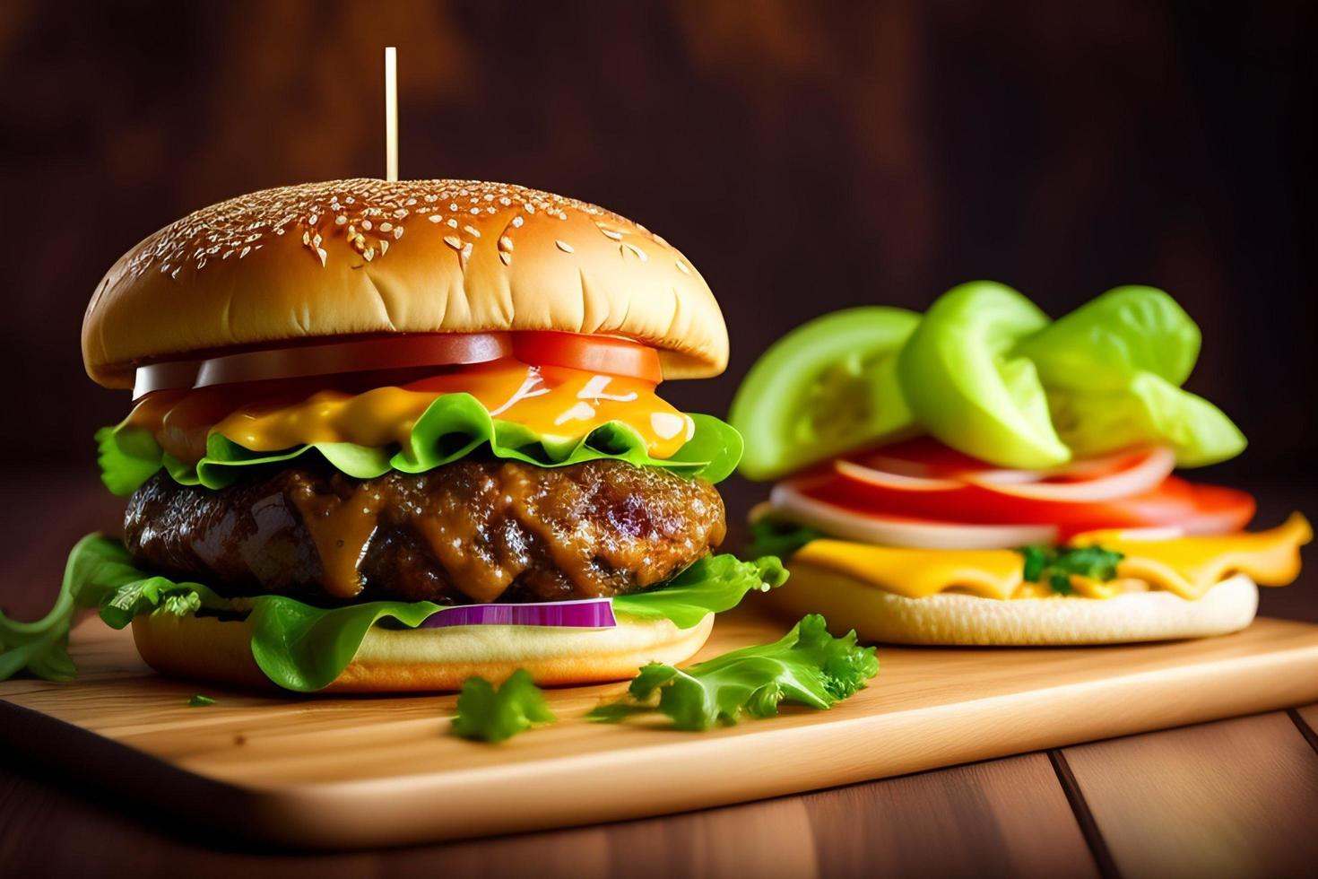 vista frontal sabrosa hamburguesa de carne con queso y ensalada foto