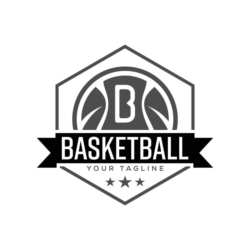 plantilla de ilustración de vector de logotipo de baloncesto vintage en blanco y negro