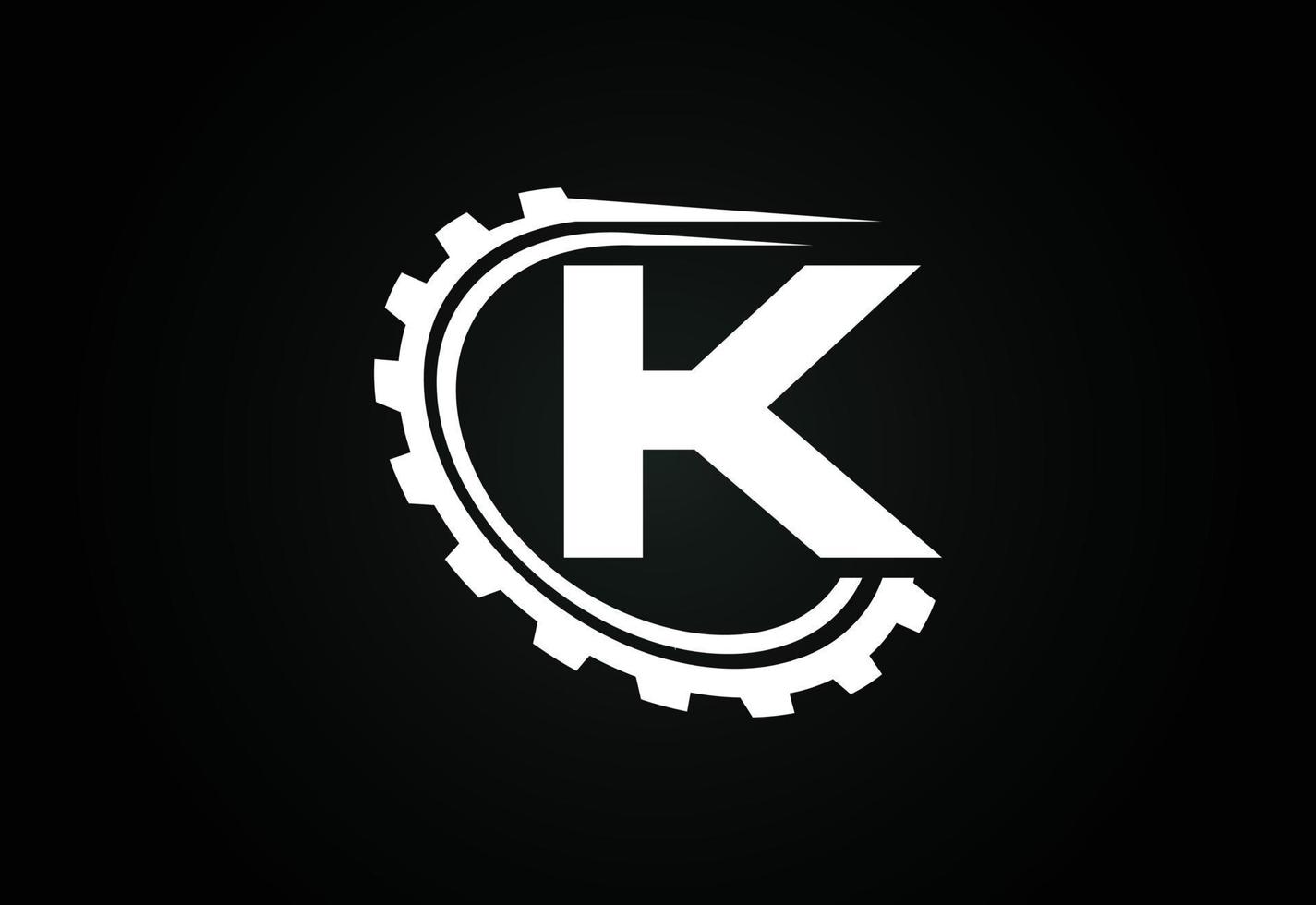 Initial K alphabet with a gear. Gear engineer logo design. Logo for automotive, mechanical, technology, setting, repair business, and company identity vector