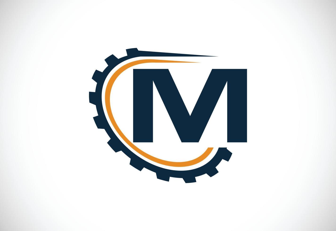 alfabeto m inicial con un engranaje. diseño del logotipo del ingeniero de engranajes. logotipo para automoción, mecánica, tecnología, configuración, negocios de reparación e identidad de la empresa vector