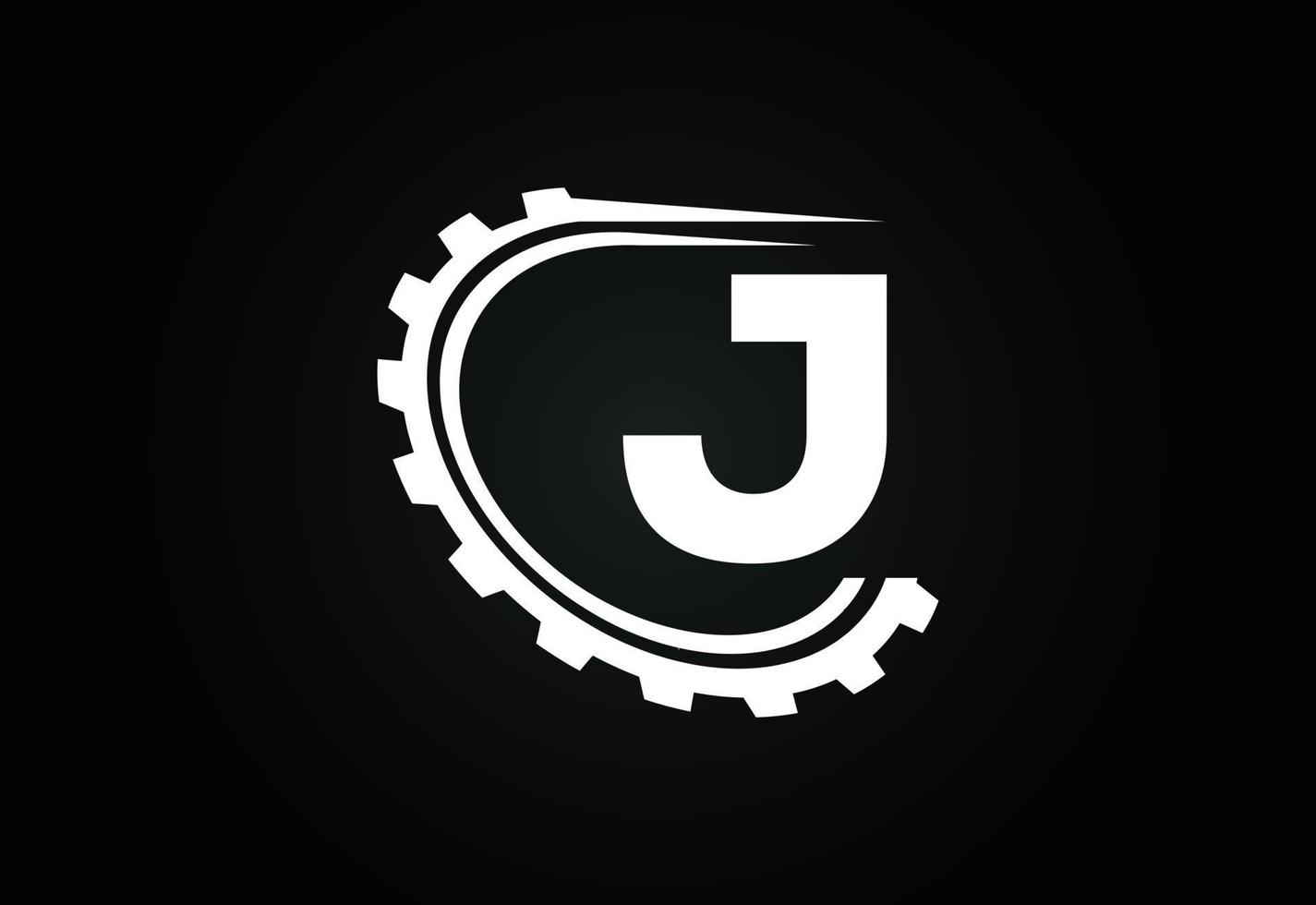 Initial J alphabet with a gear. Gear engineer logo design. Logo for automotive, mechanical, technology, setting, repair business, and company identity vector