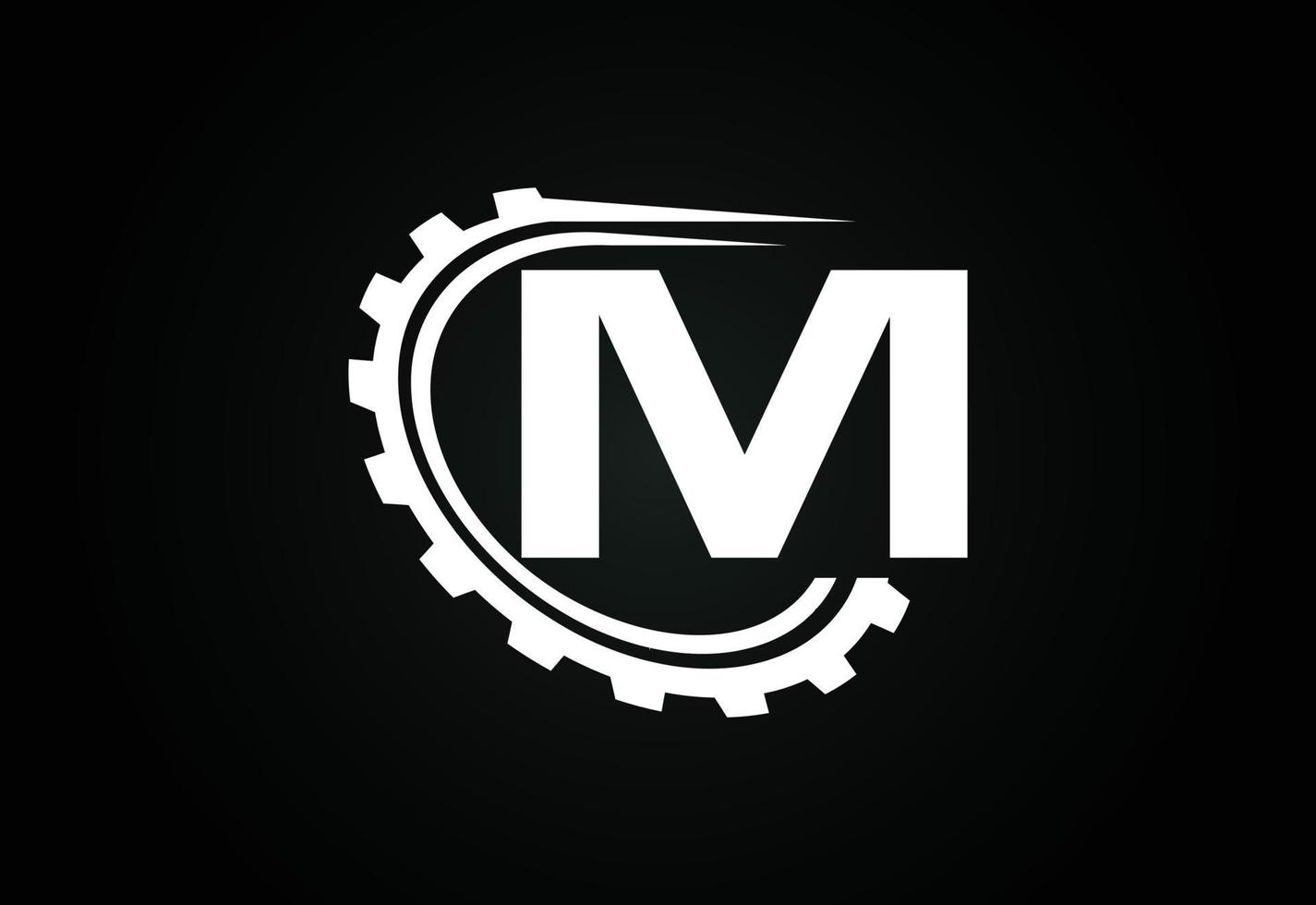 Initial M alphabet with a gear. Gear engineer logo design. Logo for automotive, mechanical, technology, setting, repair business, and company identity vector