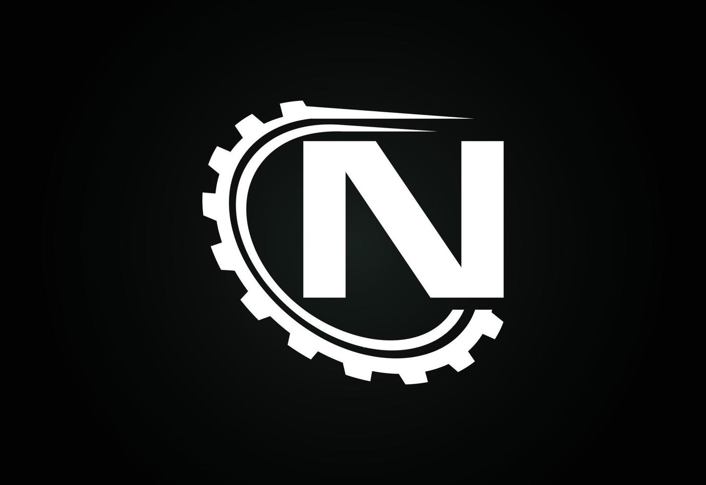 Initial N alphabet with a gear. Gear engineer logo design. Logo for automotive, mechanical, technology, setting, repair business, and company identity vector