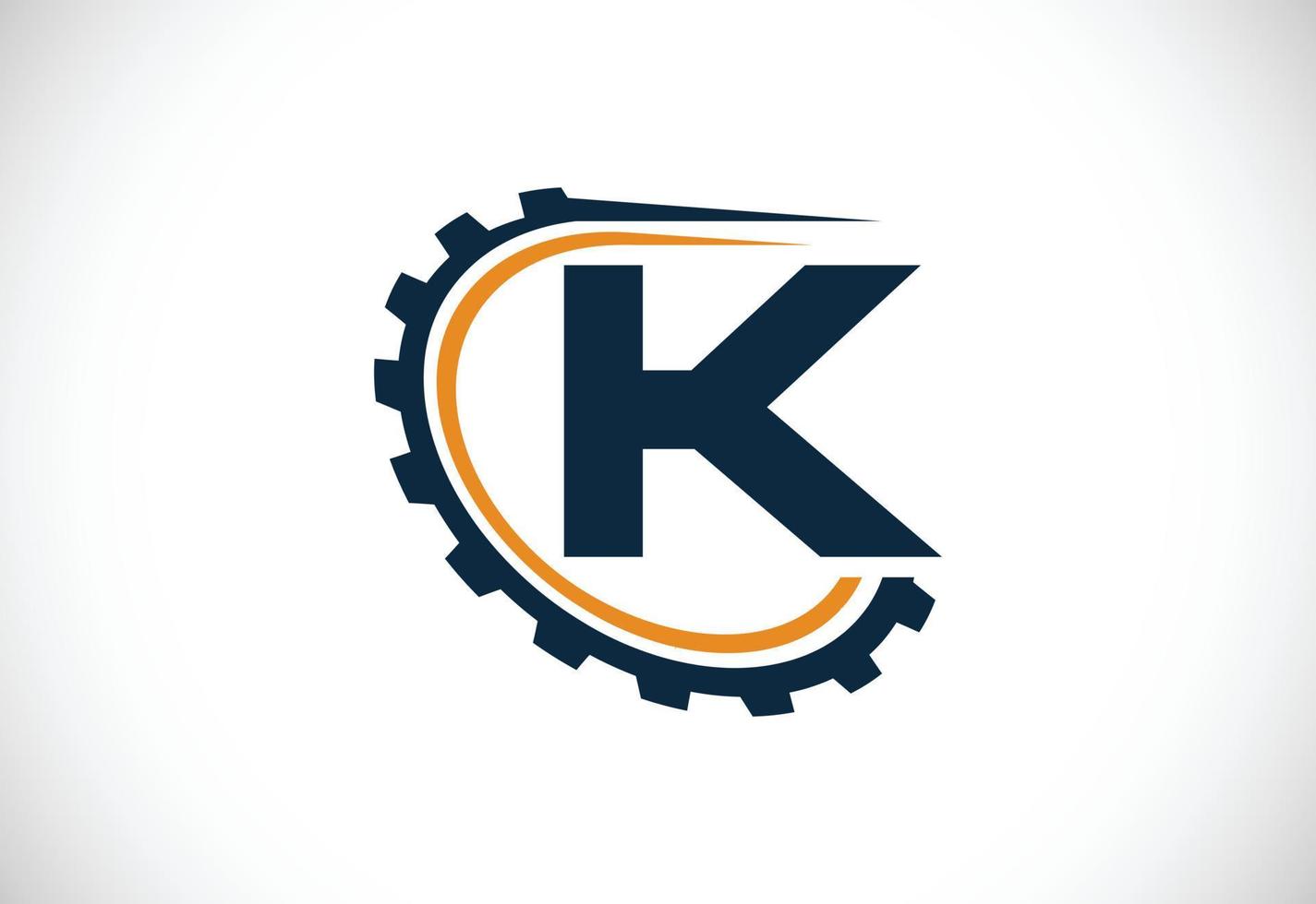 Initial K alphabet with a gear. Gear engineer logo design. Logo for automotive, mechanical, technology, setting, repair business, and company identity vector