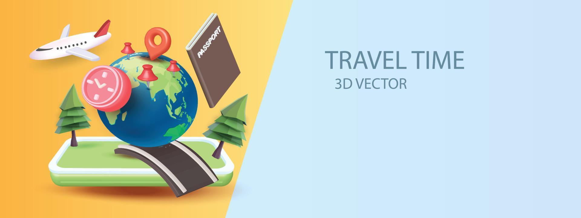 tiempo de viaje concepto de negocio ilustración 3d, avión volando sobre el mapa pin temporada de verano vlog vector