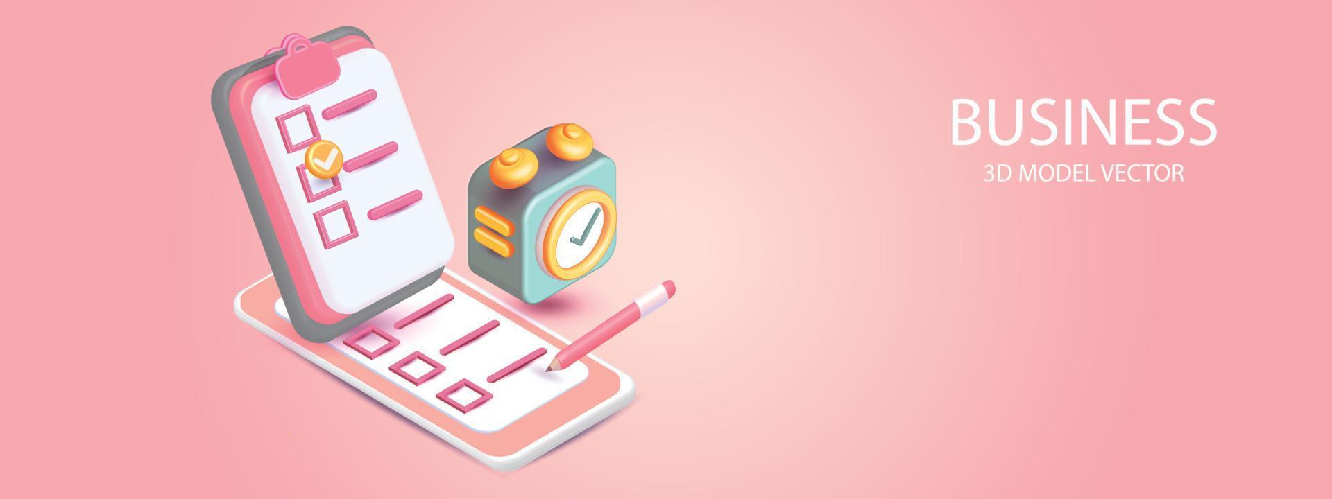 3d alarm clock icon for succress and clipboard with checklist and pencil on pink background ,time watch minimal for manage concept of time vector