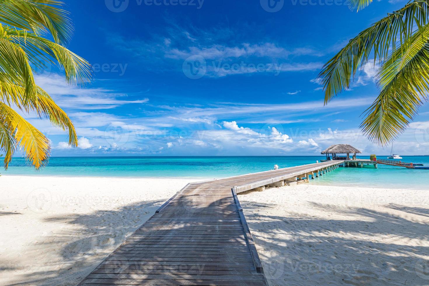 Best summer travel panorama. Maldives islands, tropical paradise coast, palm trees, sandy beach with wooden pier. Exotic vacation destination scenic, beach background. Amazing sunny sky sea, fantastic photo