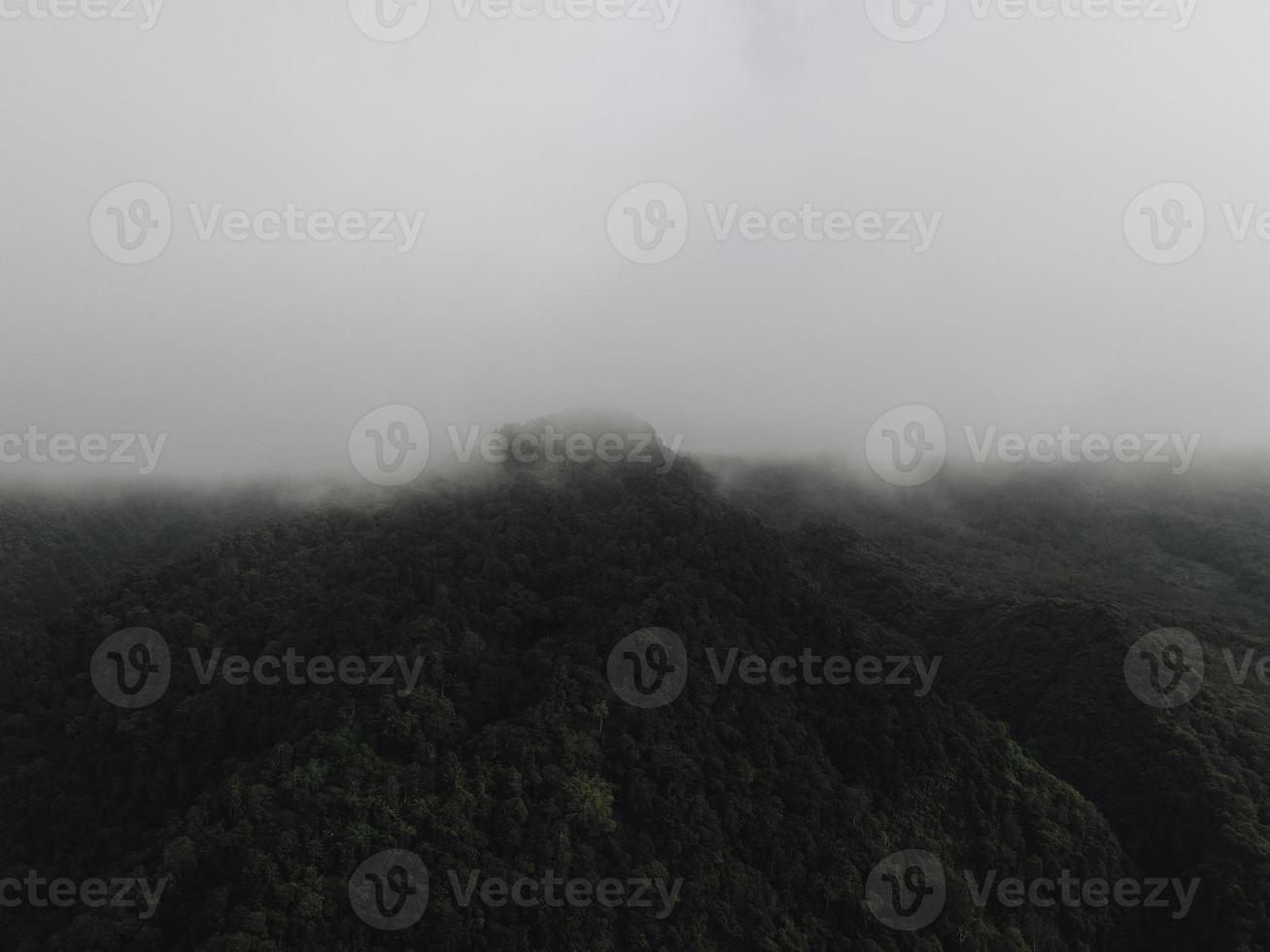 Aerial view of foggy forest landscape in Indonesia at sunrise. photo