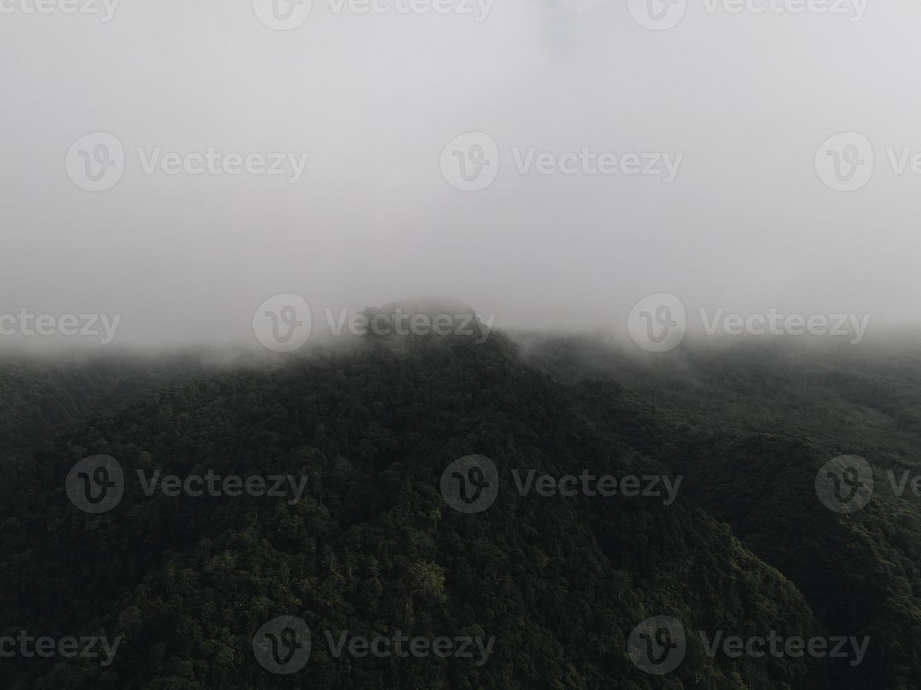 Aerial view of foggy forest landscape in Indonesia at sunrise. photo