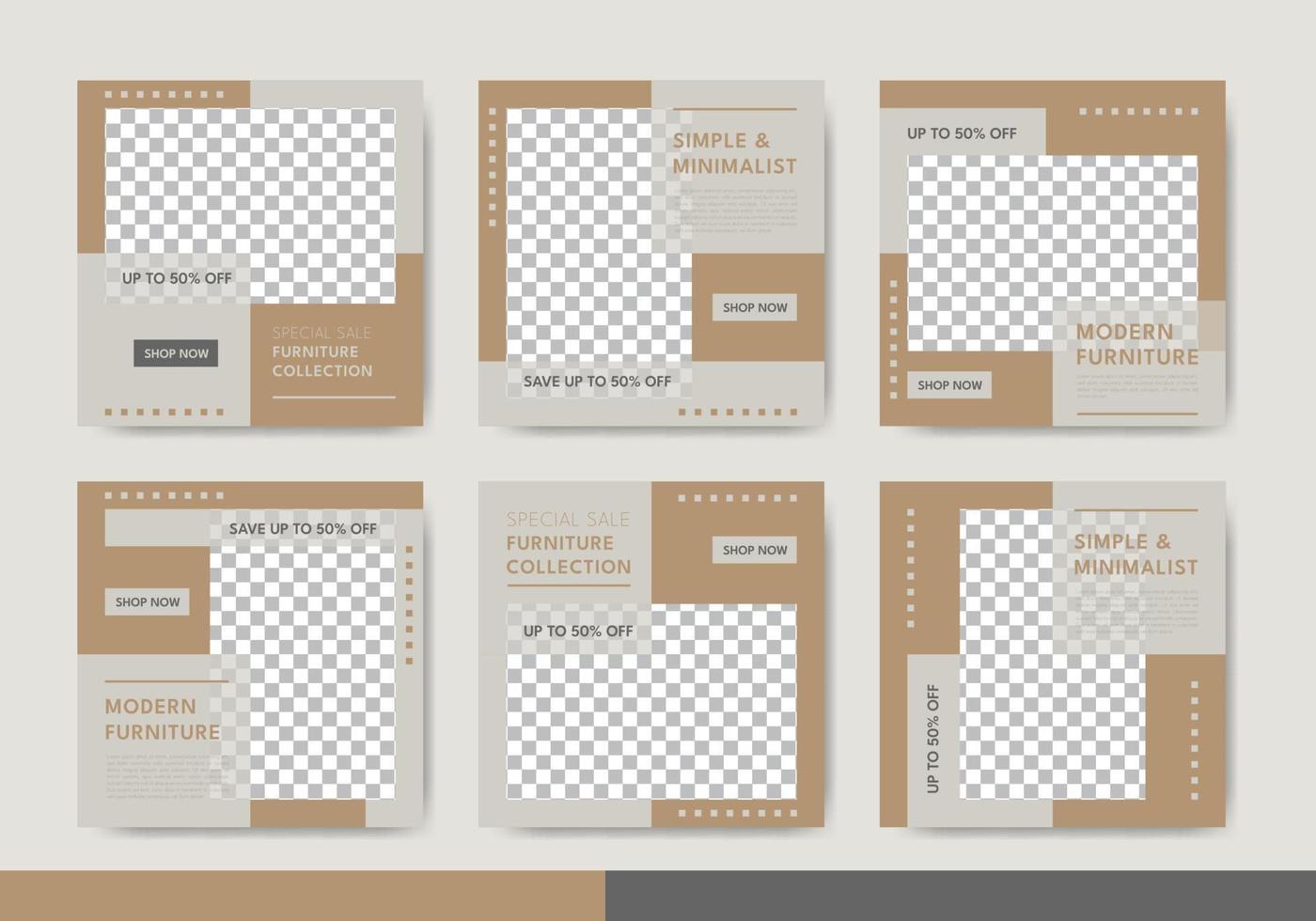 Fashion sale social media post template collection with brown and cream color vector